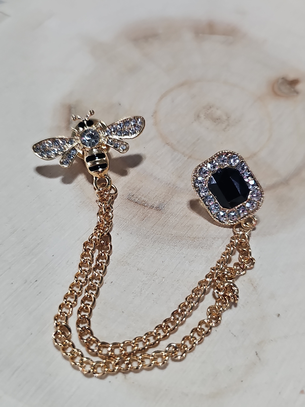 Gold Bee Double-Stud Connector Brooch with Black Crystal Accent